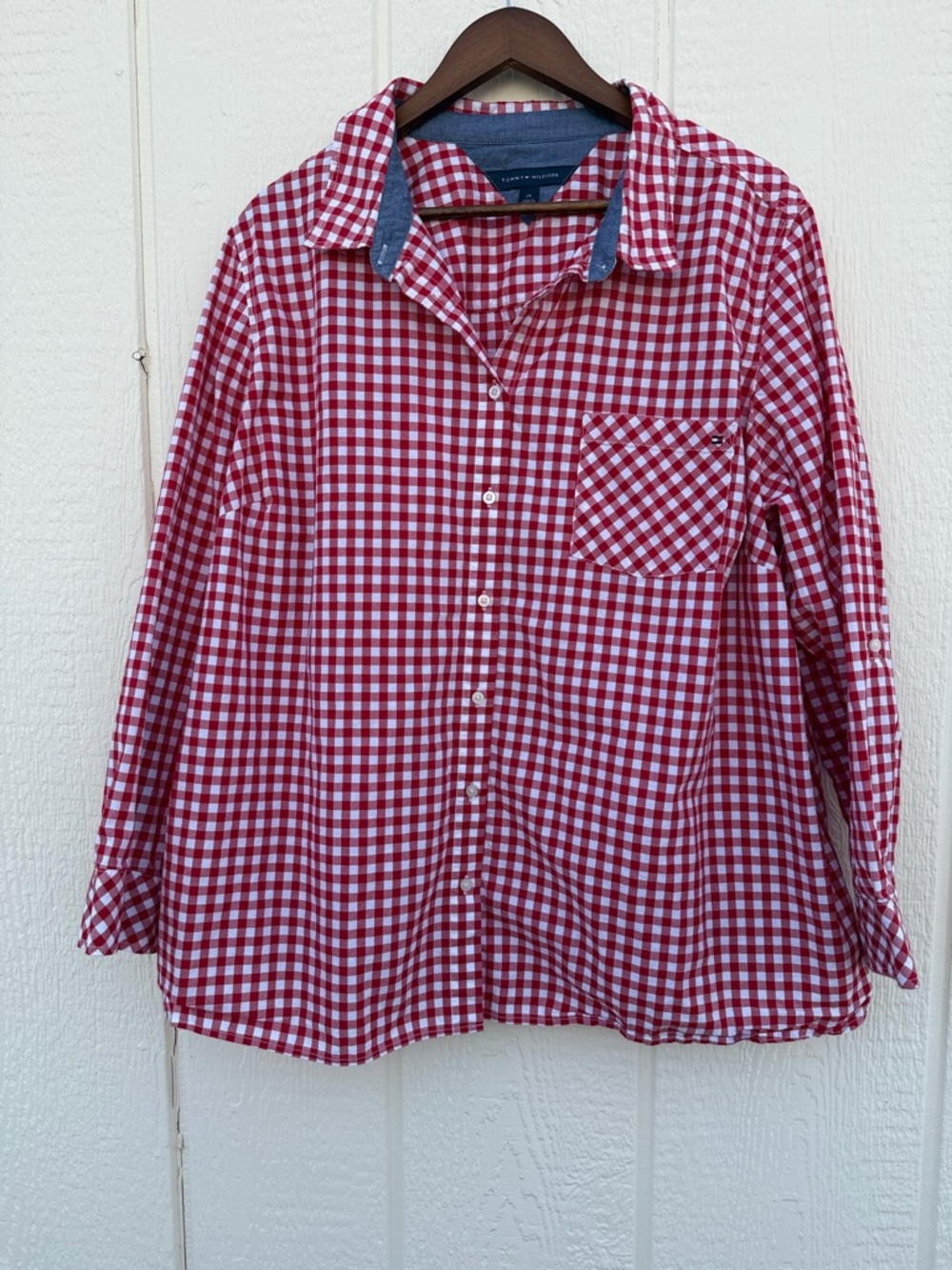 Tommy Hilfiger Women’s Size 2X Red & White Gingham Shirt Button Up Roll Sleeves